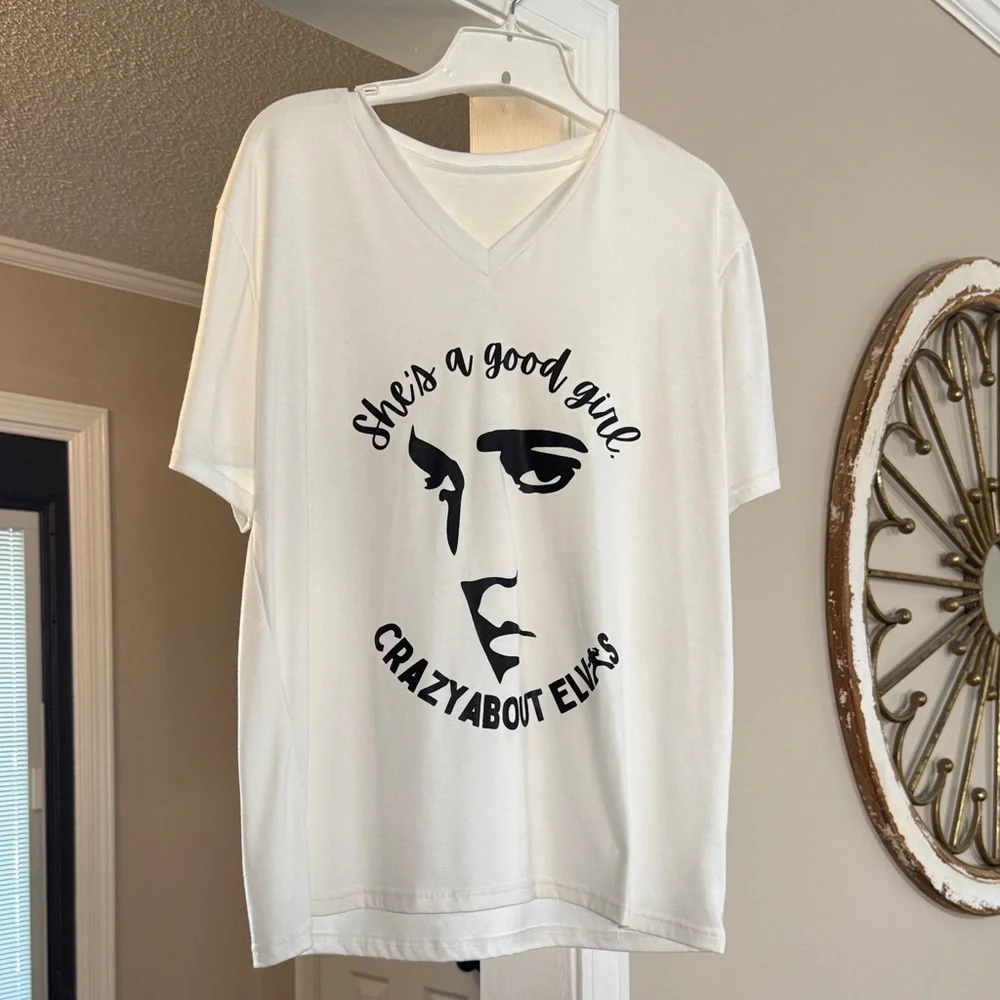 White Graphic T-Shirt with Elvis Design - Picture 1 of 4